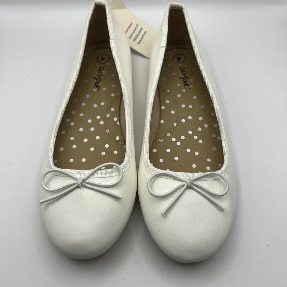 Cat & Jack Girls White Ballet Flats Bow Memory Foam Size 4 Shoes New